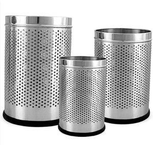 Cubo de basura perforado de acero inoxidable, redondo, con tapa abierta, de metal, para oficina, hotel, hogar, área pública - Product Image 1