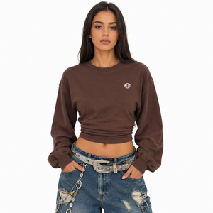 Custom Logo Women's Ruched Waist <b>Cropped</b> Crewneck Sweatshirt French Terry Coffee Brown Long Sleeve Fashion <b>Top</b> Hoodies Supplier - Product Image 1
