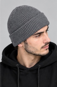 Men's Solid Gray Knitted <b>Beanie</b> <b>Hat</b> 100% <b>Wool</b> Winter Warm Cycling Cap Casual Style for Adults Head Circumference 56-58CM - Product Image 2