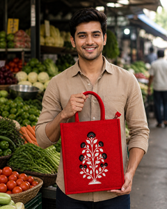 Sac fourre-tout en jute rouge avec impression à la main bicolore, fermeture éclair, sac de shopping réutilisable écologique - Product Image 6