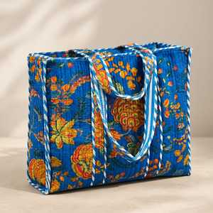 Large Vintage Floral <b>Quilted</b> Cotton Tote Bag with <b>Velvet</b> Lining & Chains Soft Casual Reusable for Daily Use & Travel - Product Image 2