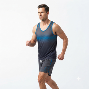 Ensemble de débardeurs sportifs pour hommes, imprimé géométrique, séchage rapide, polyester, tenue d'entraînement d'été, bleu noir, col en V, shorts - Product Image 5