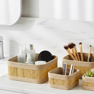 Set of 3 <b>Square</b> Seagrass <b>Baskets</b> with Fabric Stitching Handmade Storage <b>Basket</b> Wholesale eco-friendly Made in Vietnam - Product Image 3