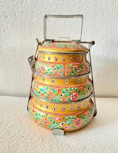Lonchera Tradicional China de Tres Niveles, Hecha a Mano, de Acero Inoxidable, Diseño Floral Azul, 3 Compartimentos, Material de Grado Alimenticio - Product Image 2