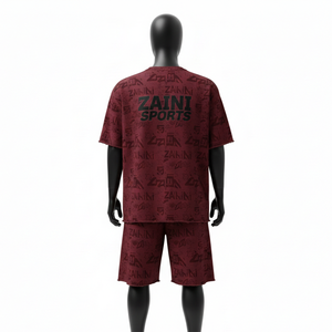 Ensemble t-shirt et short décontracté pour homme, jersey polyester léger, imprimé intégral marron noir, logo personnalisé - Product Image 2