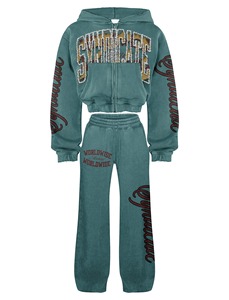 Multi Design Cropped <b>Zip</b> <b>Up</b> Hoodie & Pants Set | Streetwear Tracksuit Collection | Oversized Graphic Two Piece Set - Product Image 3