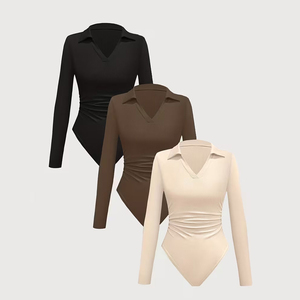 Body elástico acanalado de manga larga para mujer, cuello en V, fruncido, ajustado, liso, cómodo y transpirable - Product Image 1