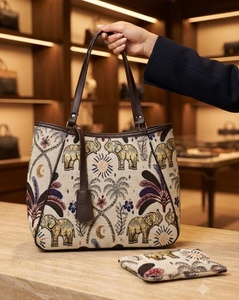 Bolso de Mano de Lona con Estampado de Elefantes Vintage, Bolso de Hombro para Mujer, Estilo Jacquard, para el Verano y el Uso Diario - Product Image 1