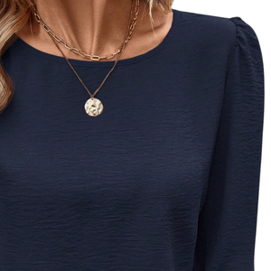 Chemise pour femme en popeline bleu marine, col rond, manches longues, coupe ample, couleur unie vintage - Product Image 3
