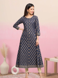 Kurta Anarkali Azul de Algodón para Mujer con Estampado Dorado, Cuello Redondo y Mangas Tres Cuartos, Prenda Étnica Global Informal y Festiva - Product Image 4