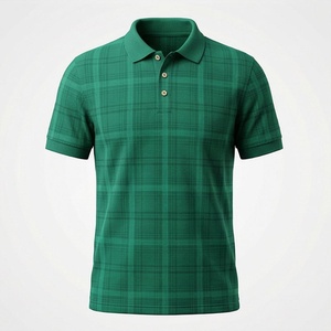 Polo à manches courtes pour homme, vert à carreaux, décontracté, coupe classique, boutons - Product Image 1