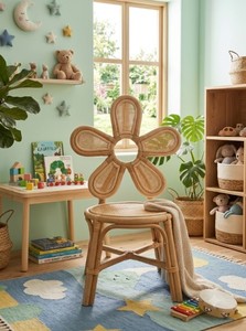Tabouret de bar en rotin naturel avec dossier floral, assise ronde tressée, dossier décoratif floral et structure robuste à pieds croisés pour chambre d'enfant - Product Image 4