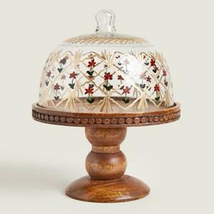 Luxury Metal Pedestal <b>Cake</b> <b>Stand</b> with Wooden Tray and <b>Glass</b> Dome Dessert Display Kitchen Dessert Holder - Product Image 3