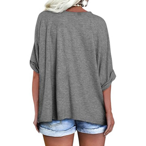 Camiseta Negra Oversize de Cuello en V para Mujer, Manga Corta, Corte Holgado, Color Sólido, Algodón Jersey, Estilo Casual Primavera Verano - Product Image 4