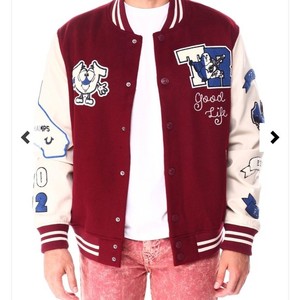 Veste universitaire unisexe en tissu de laine écologique, patchwork polyester/coton, badge brodé sur le devant, col rabattable simple - Product Image 2