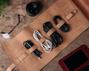 Real Leather Cable Organizer Vintage Cord Wrap Earphone Wire Management <b>Tech</b> Accessories Case Bulk Custom Logo LCO-0023 - Product Image 2