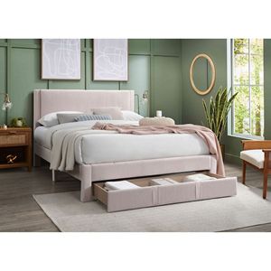 Letto matrimoniale moderno con contenitore, rivestito in velluto a coste rosa chiaro, con struttura a piattaforma e design salvaspazio - Product Image 2