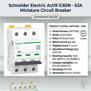 Disjoncteur miniature industriel Schneider TeSys A9F74363 IC60N, disjoncteur MCB, 3P, courant nominal 63A, capacité de coupure 3P - Product Image 6
