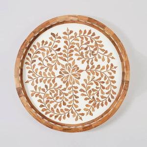 Plateau de service en bois sculpté marocain, finition peinte, vaisselle décorative à un seul niveau pour boissons, salon ou bureau - Product Image 2
