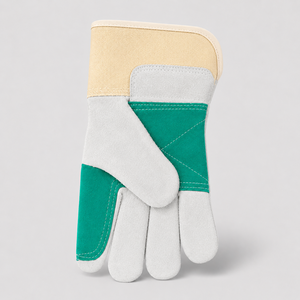 Gants de sécurité en cuir avec paume verte et doigts blancs, antidérapants, usage général, protection au travail, manchette droite. - Product Image 6