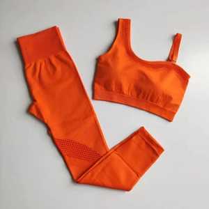 <b>Women</b> High Waist Yoga Set Solid Color Breathable <b>Mesh</b> Elastic Waist Seamless Spandex Polyester Sportwear - Product Image 2