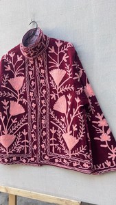 Robe en velours à col mandarin, broderie florale Suzani, manches longues, coupe ample, style vintage, tissage naturel, pour l'automne - Product Image 5