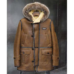 Veste d'hiver pour homme en cuir véritable marron avec capuche en fourrure, rembourrage en duvet, coupe-vent, style décontracté, coupe régulière - Product Image 1