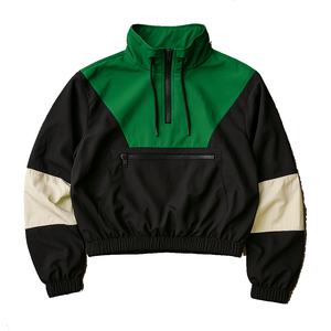 Ensemble de survêtement pour femme, color block vert, noir et blanc, avec haut court à manches longues et demi-zip, et short à cordon de serrage, style sportif - Product Image 2