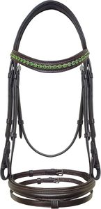 Bridon d'obstacle anatomique pour cheval anglais avec frontale en cristal vert, muserolle en cuir rembourrée - Product Image 3
