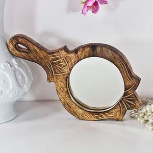 Miroir à main en bois, cadre finition naturelle, poignée lisse, outil de beauté pour le maquillage, le toilettage et les voyages - Product Image 3
