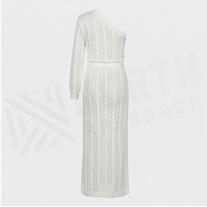 One-Shoulder Knitted <b>Maxi</b> Dress With Drawstring Waist Geometric Pattern <b>White</b> Women's Asymmetric Long Sleeve Dress - Product Image 2