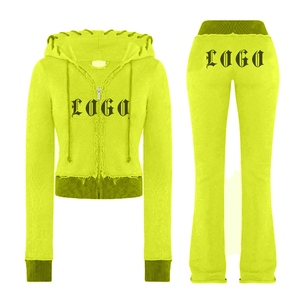 Ensemble sweat à capuche et pantalon en tricot vert pour femme, avec logo personnalisé imprimé, vêtement décontracté à manches longues, fermeture éclair sur le devant, motif lettres - Product Image 2