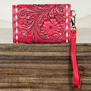 New Arrival 2026 Genuine Cow Leather Tooled Floral <b>Wristlet</b> Mini Wallet for Women Western Clutch Card Holder RFID Travel Wallet - Product Image 5