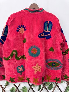 Handmade Pink <b>Velvet</b> Embroidered Suzani <b>Jacket</b> with Snake Pattern Full Sleeve Stand Collar Bohemian Autumn Outerwear - Product Image 4