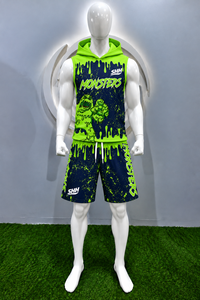 Conjunto de Camiseta y Pantalones Cortos de Baloncesto con Capucha, Color Verde Neón, Diseño de Monstruos, Gráfico Sublimado, Uniforme de Equipo Personalizado - Product Image 2