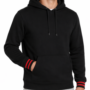 Sudadera con capucha negra para hombre de alta calidad OEM con puños acanalados con franja roja, sudadera de algodón para hombre, estilo informal. - Product Image 2