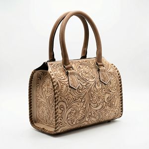 Bolso de Mano de Cuero Genuino 100% Hecho a Mano con Flores Talladas, Mini Bolso de Viaje de Lujo Estilo Western para Mujer - Product Image 5