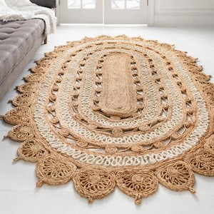 Alfombra Ovalada de Yute Hecha a Mano con Patrón de Medallón, Estilo Bohemio, Tejido Plano, para Sala de Estar, Fácil de Limpiar, Pelo Fino - Product Image 1