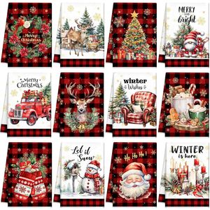 Set di 12 Strofinacci da Cucina a Tema Natalizio con Stampe di Albero di Natale e Babbo Natale, Asciugamani Assorbenti per le Festività - Product Image 2