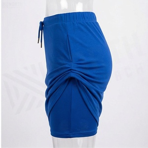Women's Blue Asymmetrical Mini <b>Skirt</b> With Drawstring <b>Elastic</b> Waist Sporty Style Solid Color Knitted Fabric - Product Image 3