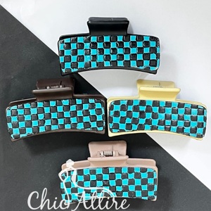 Personalized New Hand <b>Tooled</b> Genuine Leather Hair Claw <b>Clip</b> Large Luxury Hair Accessories Turquoise & Black Checkered Women's - Product Image 1