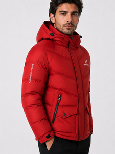 Chaqueta Acolchada con Capucha Roja para Hombre NASWEAR, Chaqueta Deportiva de Invierno de Poliéster Resistente al Viento con Cierre de Cremallera y Logotipo, Chaqueta Ligera - Product Image 5