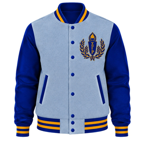 <b>Womens</b> <b>Light</b> Grey Varsity Bomber <b>Jacket</b> Blue Sleeves Laurel Crest Embroidery Gold Trim Snap Button Ribbed Collar Cuffs Casual - Product Image 1