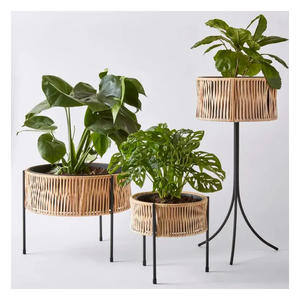 Jardinière en rotin canné écologique et durable avec support en bois, décoration moderne bohème pour la maison et le jardin, porte-plantes - Product Image 1