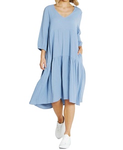 Women's Solid Color V-Neck Midi Dress <b>Three</b> Quarter Sleeve Loose Fit With Pockets Casual Summer Dress - Product Image 1