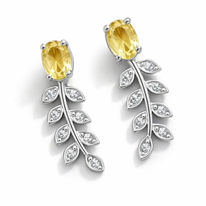 Modernos Pendientes de Plata de Ley 925 con Baño de Rodio y Citrino en Forma de Hoja para Aniversario o Compromiso, Joyas Rhaya - Product Image 1