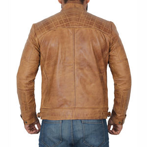 เสื้อแจ็คเก็ตหนังผู้ชายสไตล์คาเฟ่เรเซอร์ แบรนด์ Outfitize ดีไซน์แขนเสื้อลายทางย้อนยุค หนังแพะแท้ ทรงเข้ารูป สไตล์ไบค์เกอร์ - Product Image 4