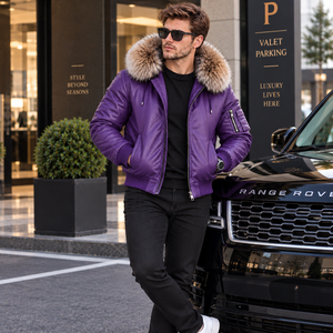Fashion Breathable Leather <b>Bomber</b> <b>Jacket</b> for <b>Men</b> with Faux Fur Hood and Zipper Closure | Plaid Pattern Casual <b>Summer</b> <b>Jacket</b> - Product Image 4