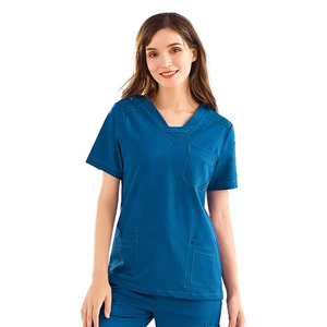 Women Blue V-Neck <b>Scrub</b> <b>Tops</b> With Pockets Cotton Polyester Woven Hospital Uniforms - Product Image 1