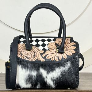 New Super September Floral Tooled Black & White Checker <b>Leather</b> Medium Speedy Duffel <b>Bags</b> Cowhide <b>Leather</b> Women Travel Handbags - Product Image 4